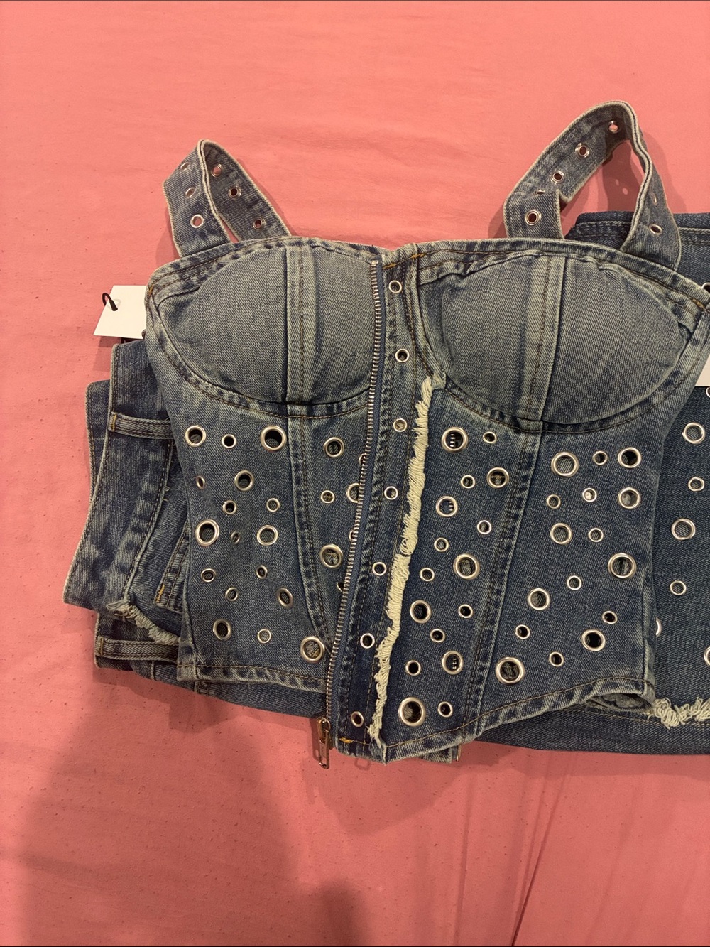 AKIRA Denim Eyelet Bustier Crop Top - Blue